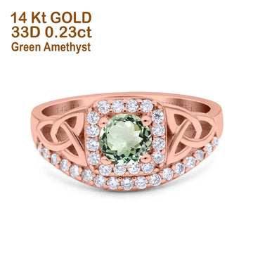 14K Rose Gold 0.69ct Round Art Deco 5mm G SI Natural Green Amethyst Diamond Engagement Wedding Ring Size 6.5